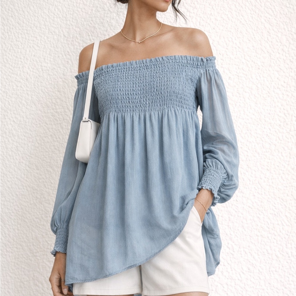 Zara Off Shoulder Smocked Dress | Light Blue